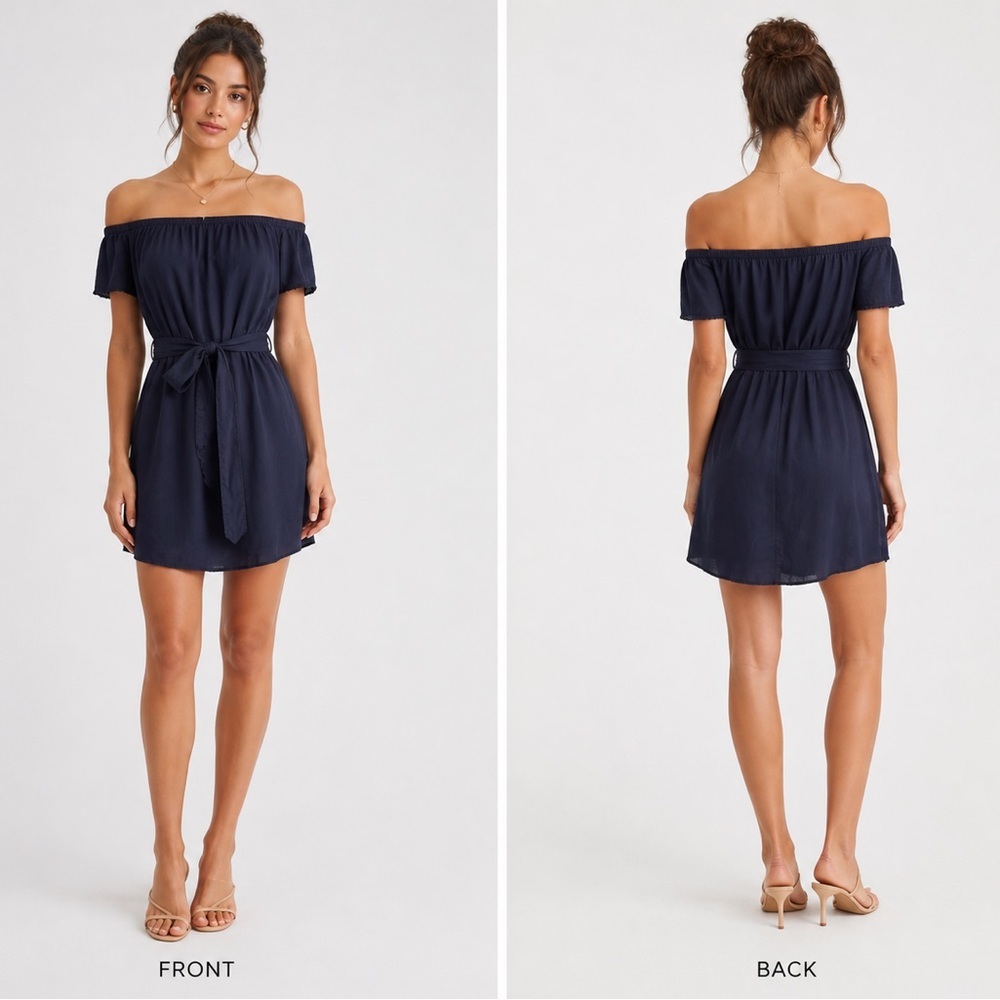 Bella Dahl Dre Belted Off The Shoulder Fringe Mini Shirt Dress Midnight Navy XS